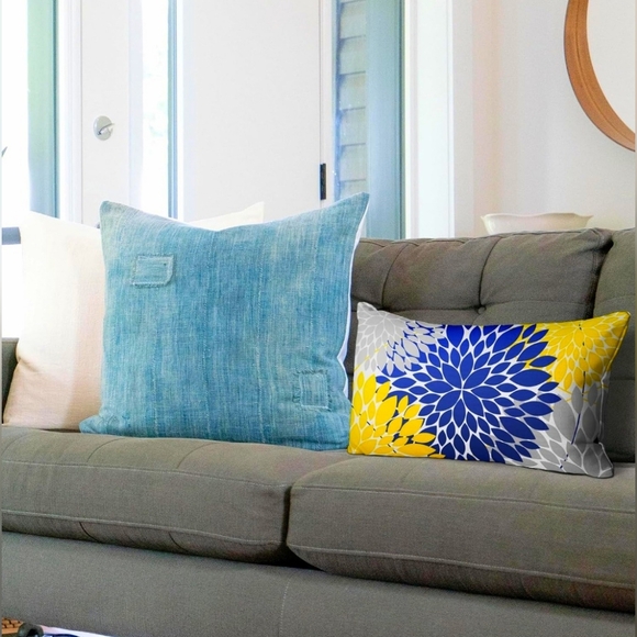 Snycler Navy Blue & Yellow Dahlia Pillow Covers, 12x20” Set of 2 - Picture 4 of 7